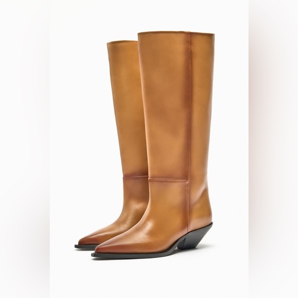 NWT . Zara Leather Heeled Cowboy Boots. Size 5. - Picture 2 of 9